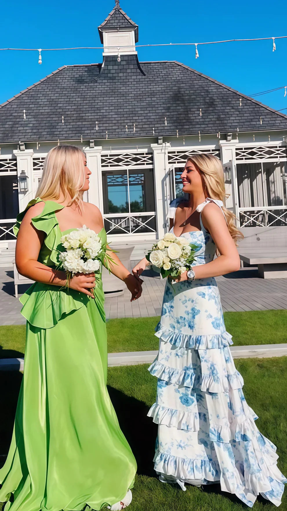 Blue Floral Senior Prom Dress Ruffles Tiered Evening Dress