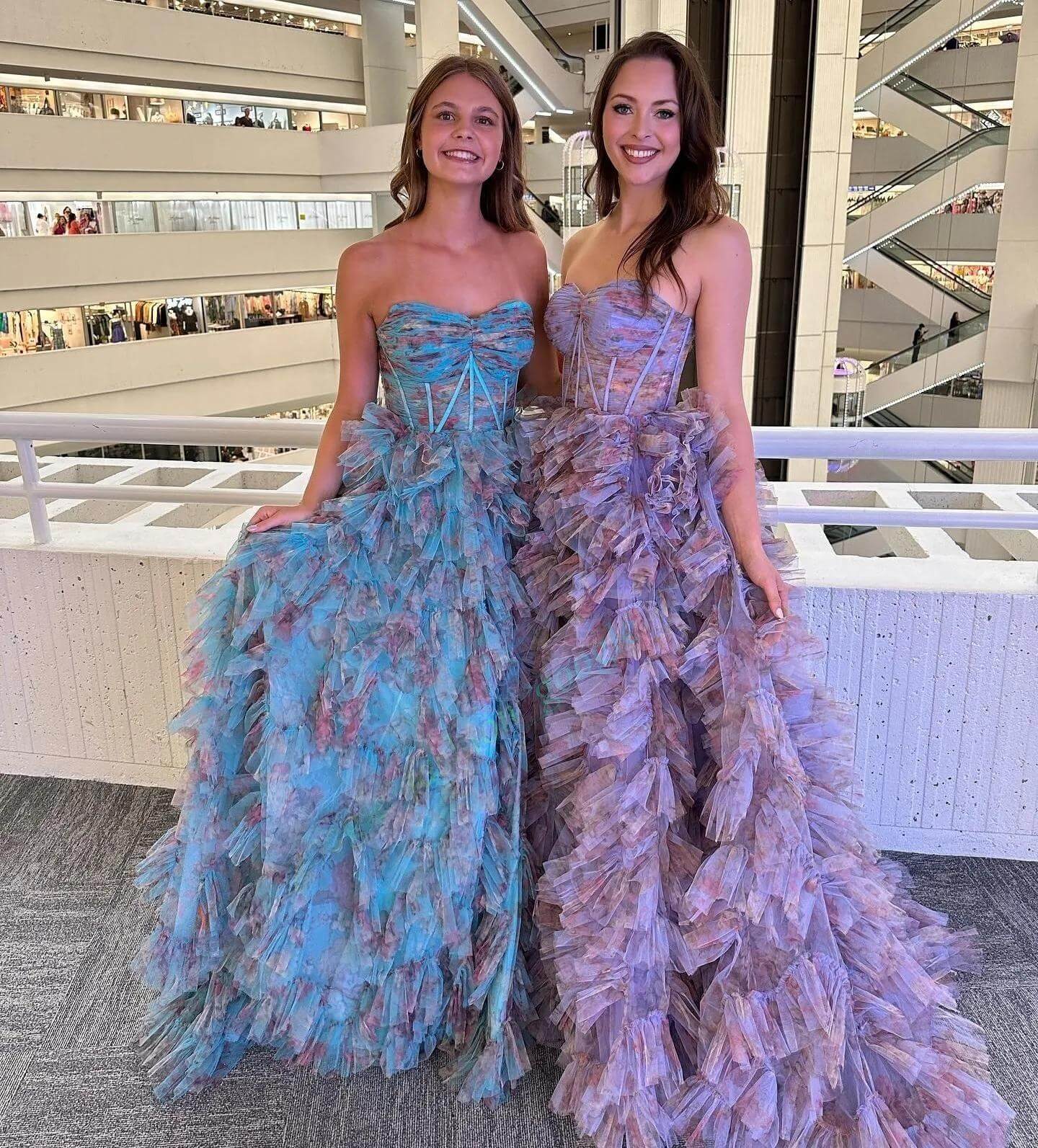 Sweetheart Off-Shoulder Sleeveless Floor-Length Print-Tulle Pleated Tiered Prom Dress