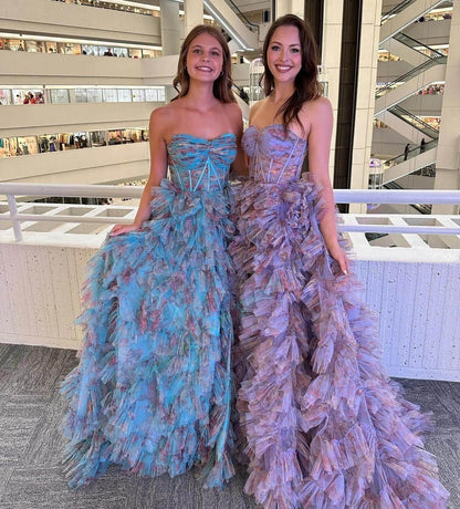 Sweetheart Off-Shoulder Sleeveless Floor-Length Print-Tulle Pleated Tiered Prom Dress