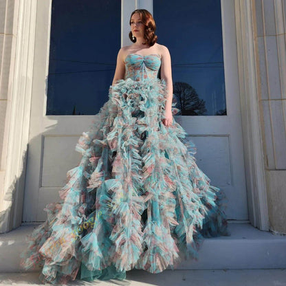 Sweetheart Off-Shoulder Sleeveless Floor-Length Print-Tulle Pleated Tiered Prom Dress