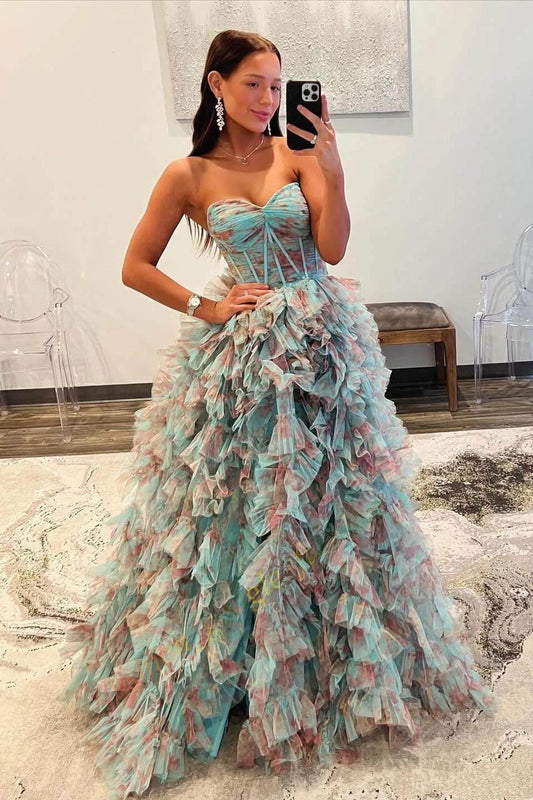 Sweetheart Off-Shoulder Sleeveless Floor-Length Print-Tulle Pleated Tiered Prom Dress