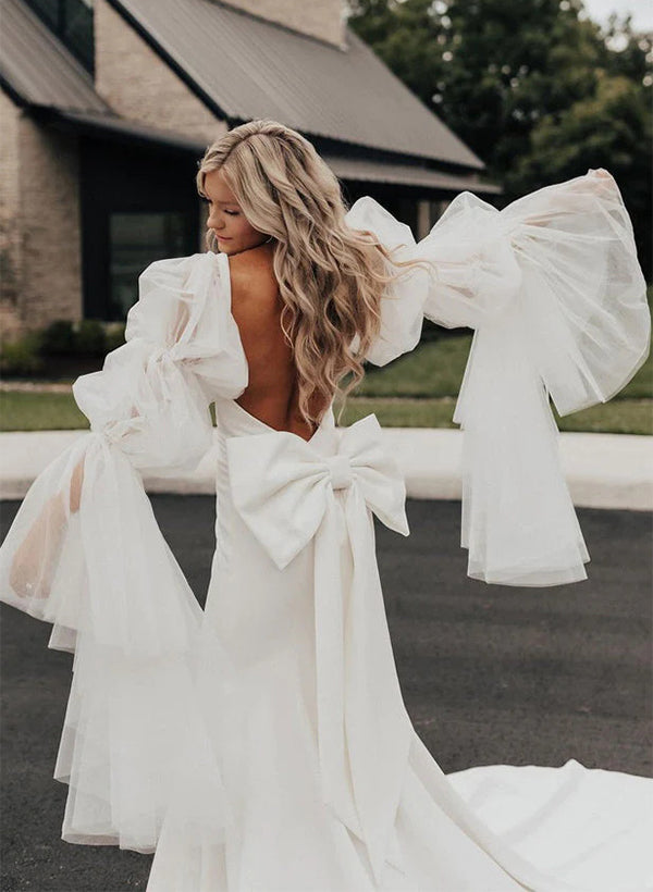 Boho Garden Mermaid Fitted Wedding Dress Open Back Bow