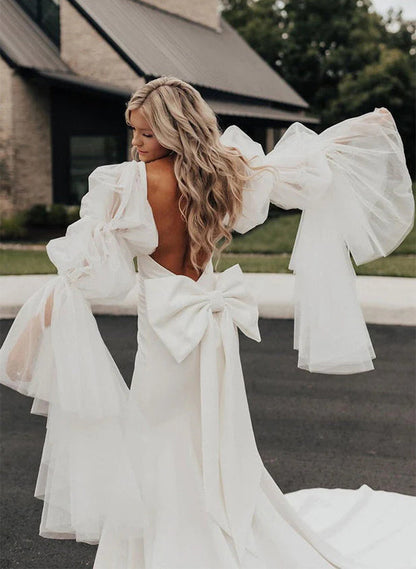 Boho Garden Mermaid Fitted Wedding Dress Open Back Bow