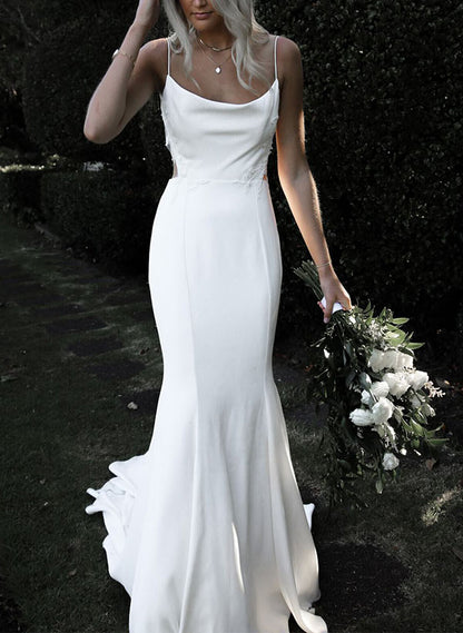 Boho Garden Summer Beach Cowl Neck Sleeveless Court Train Lace Wedding Dress