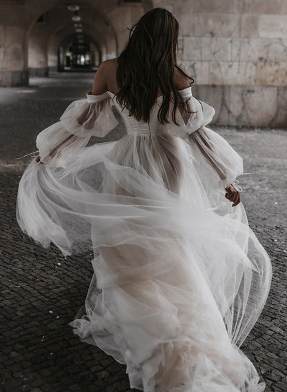 Boho Garden Tulle Off The Shoulder Long Sleeves A Line Wedding Dresses