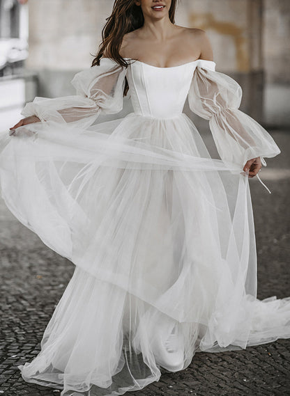 Boho Garden Tulle Off The Shoulder Long Sleeves A Line Wedding Dresses