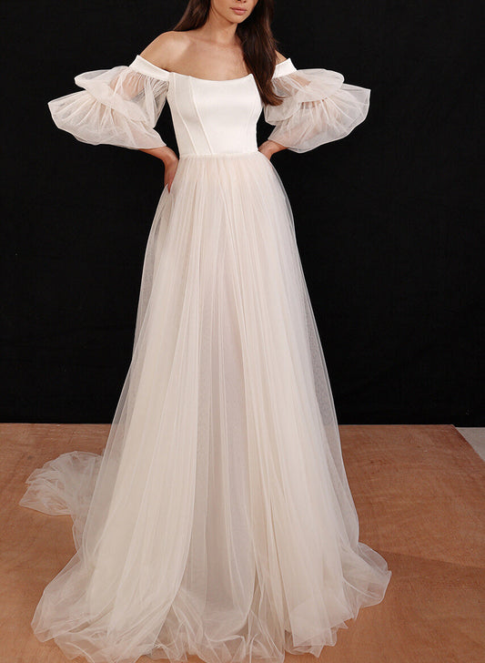 Boho Garden Tulle Off The Shoulder Long Sleeves A Line Wedding Dresses