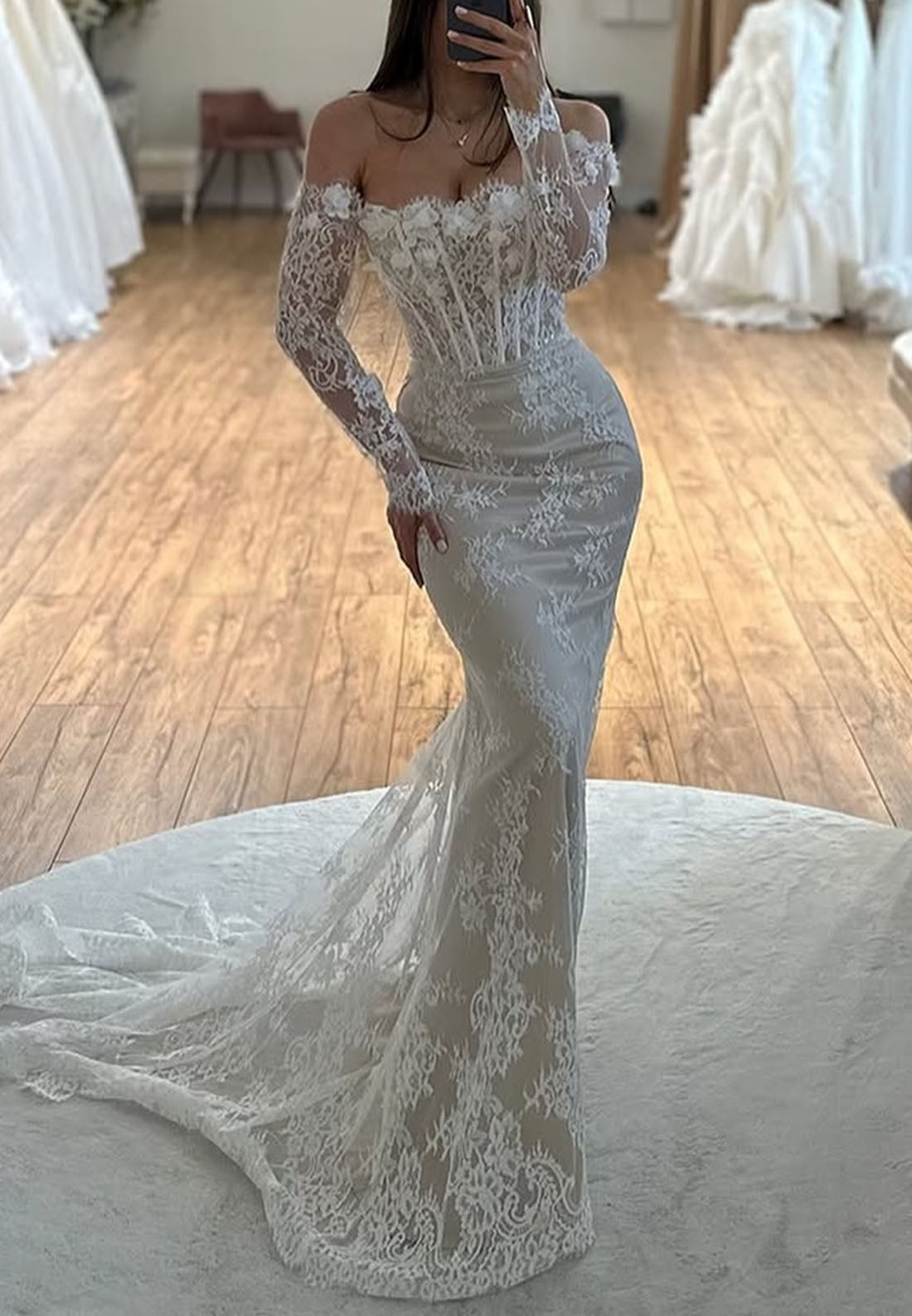 Off the Shoulder Lace Bridal Dresses Long Sleeves Mermaid Wedding Dresses