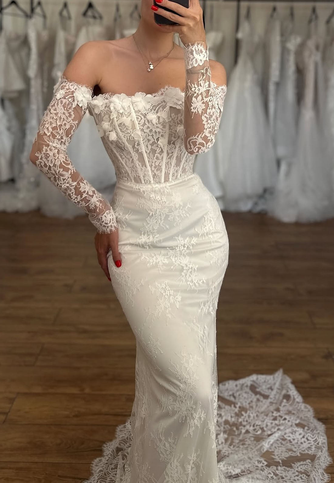 Off the Shoulder Lace Bridal Dresses Long Sleeves Mermaid Wedding Dresses
