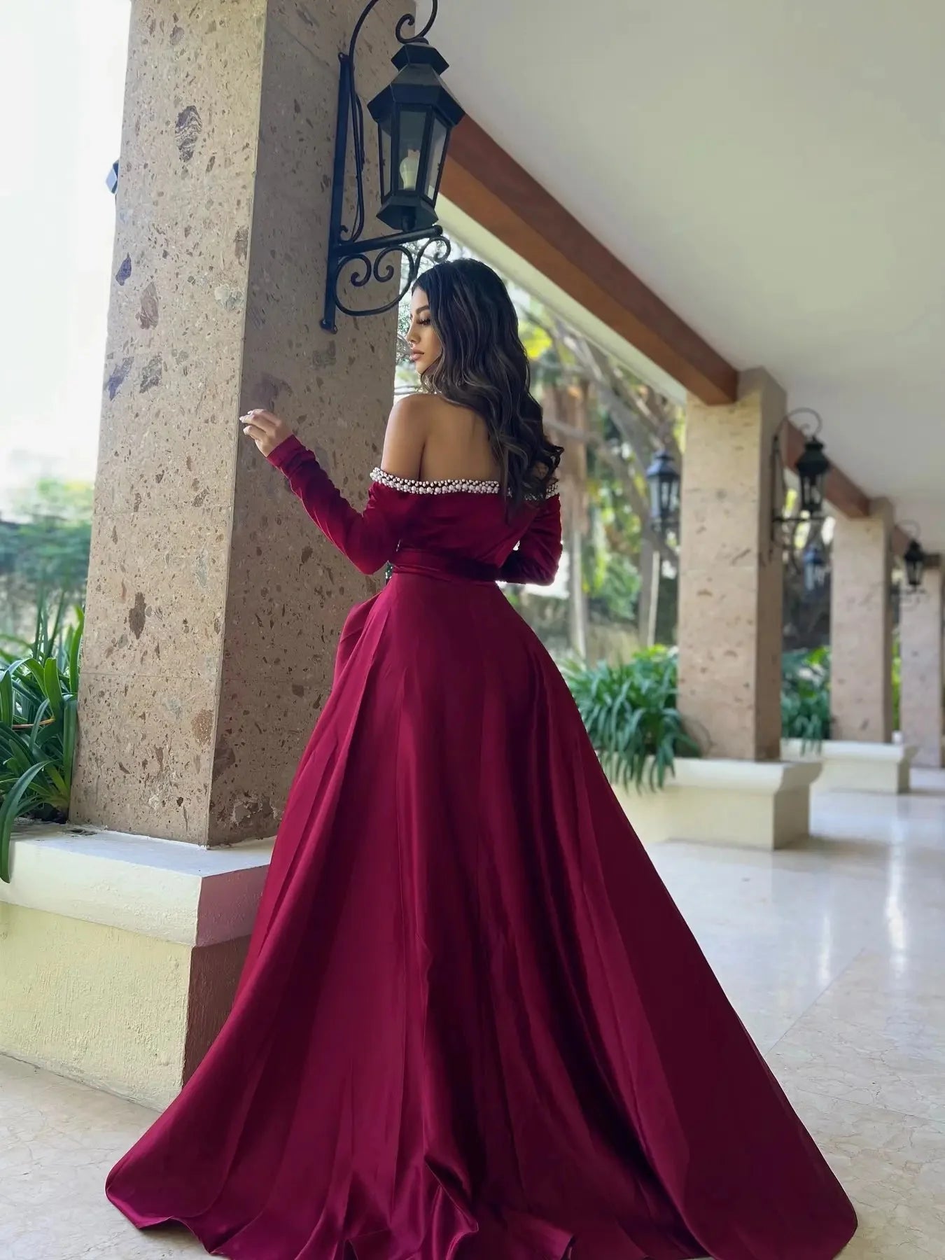 Burgundy Satin Prom Dress with Pearl Neckline