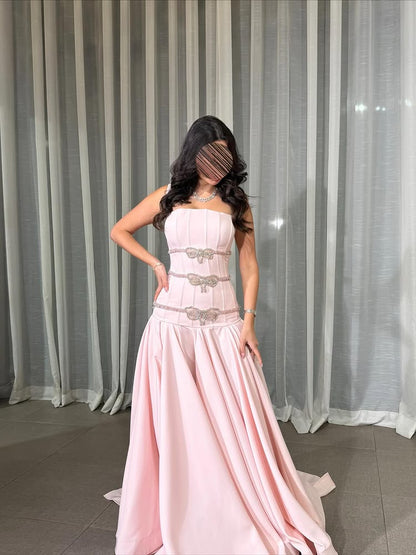 Square Neck Sleeveless Pink Beaded A-Line Floor-Length Evening Dress