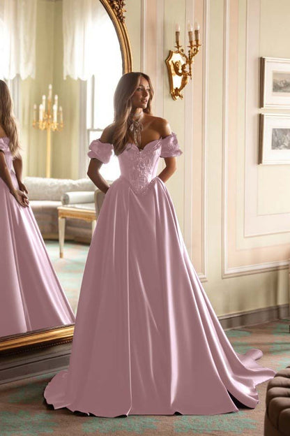 Short Sleeves Long A-Line Prom Dress With Embroidered And Pleated