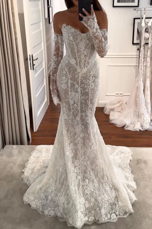 Gorgeous Mermaid V Neck Lace Long Wedding Dress
