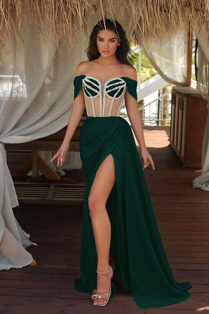 Off the Shoulder Mermaid Prom Dress Beadings Split with Ruffles