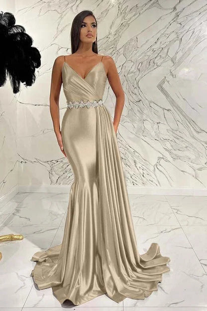 Elegant Red Spaghetti-Straps Deep V-Neck Mermaid Evening Dress With Belt Ruffles ED0472