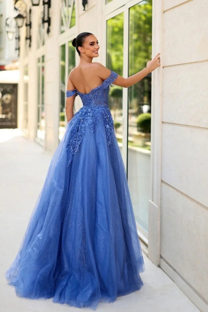 Dusty Blue Glittery Off-The-Shoulder Embroidery Prom Dress