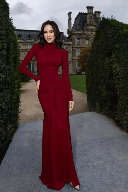 High-Neck Prom Dress Long Sleeves Pleated Floor Longth