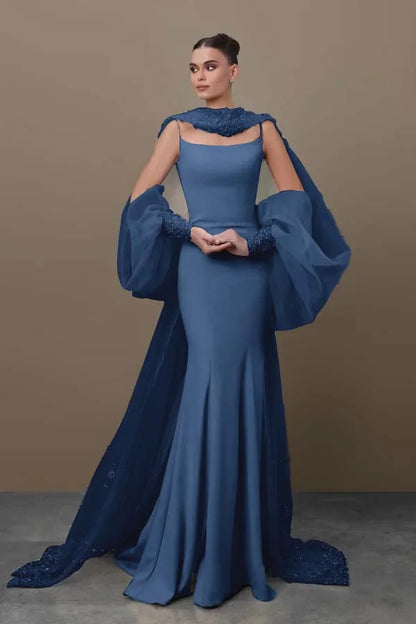 Chic Sky Blue Spaghetti-Straps Mermaid Prom Dress With Tulle Appliques Train