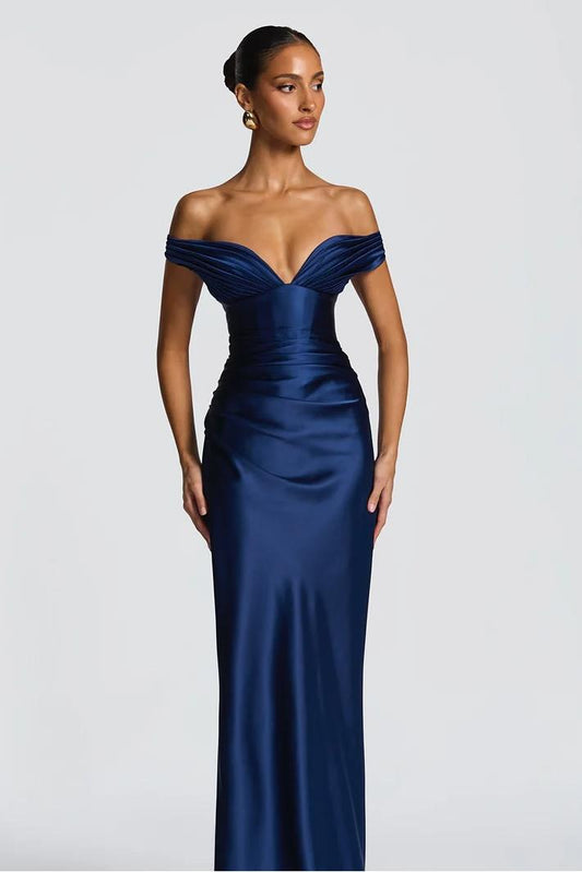 V-Neck Off-The-Shoulder Sleeveless Long Mermaid Prom Dress With Pleated