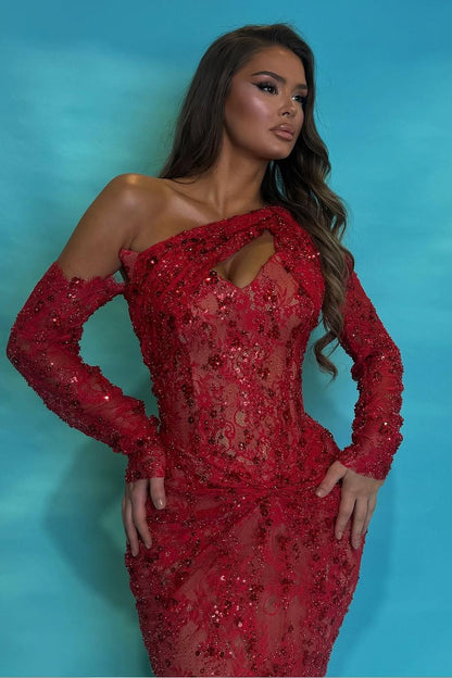 Asymmetric Neck One Shoulder Long Sleeves Long Mermaid Prom Dress