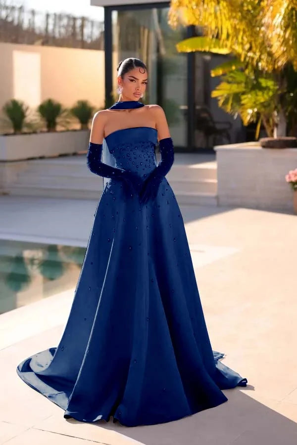 Light Blue Strapless A-Line Beaded Rhinestones Prom Dress With Gloves And Scarf