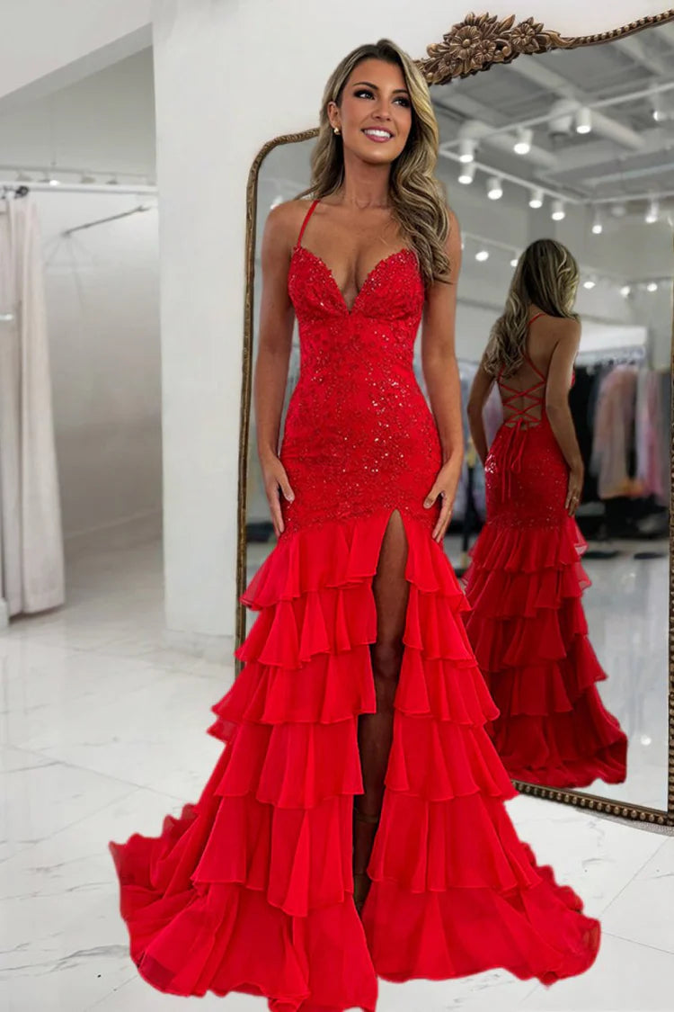 Mermaid V Neck Spaghetti Straps Red Ruffle Tiered Chiffon Long Prom Dress