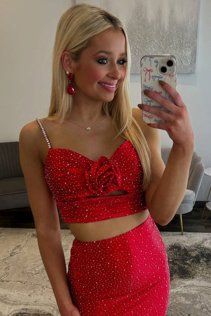 Sweetheart Spaghetti Straps Fully Beaded Satin Two Piece Mermaid Prom Dress with Slit