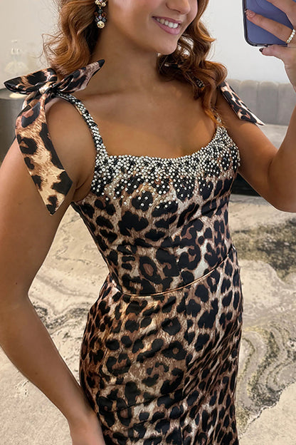 Mermaid Square Neck Brown Leopard Long Prom Dress