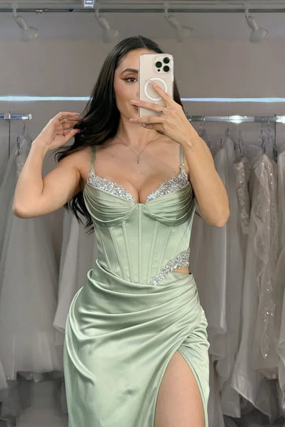 Light Green Spaghetti-Straps Sequins Split Pleated Prom Dress