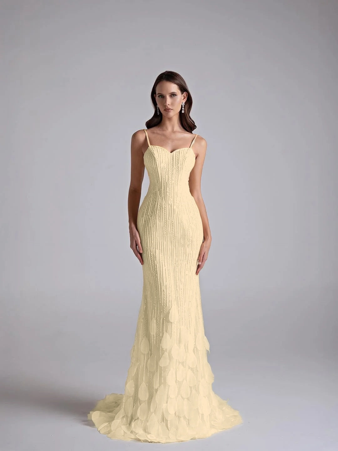 Spaghetti Straps Sleeveless Long Mermaid Prom Dress With Petals And Sequins