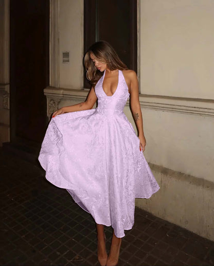 Glamorous Satin Halter Deep V-Neck Strapless Sleeveless Long A-Line Prom Dress