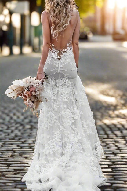 Deep V-Neck Sleeveless Mermaid Wedding Gown