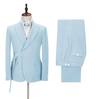 Gorgeous Sky Blue Best Wedding Suits Outfits For Men Peaked Lapel With Adjustable Buckle
