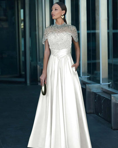 High-Neck Short Sleeves Long A-Line Pleated Prom Dress With Pockets And Beadings