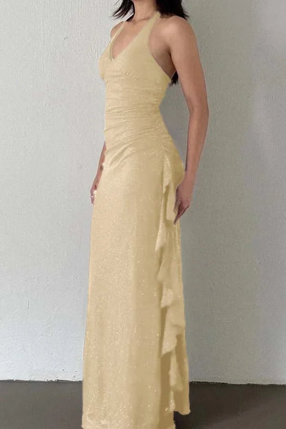 Charming V-Neck Halter Burgundy Ruffles Prom Dress ZT0740