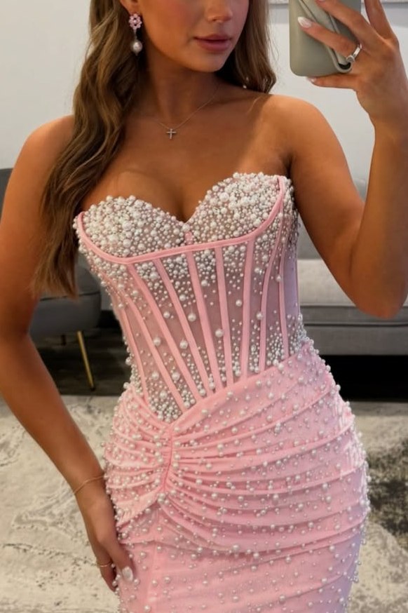 Mermaid Sweetheart Corset Pink Pearls Beaded Long Prom Dress