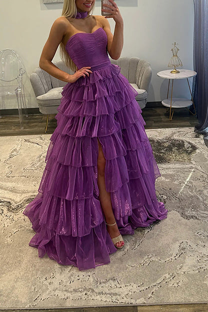 Gilitter Ball Gown Strapless Purple Organza Ruffle Tiered Prom Dress