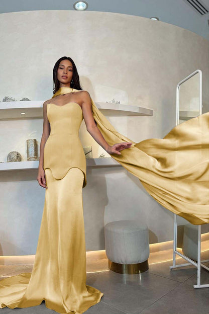 Halter Strapless Sleeveless Long Mermaid Prom Dress With Pleated