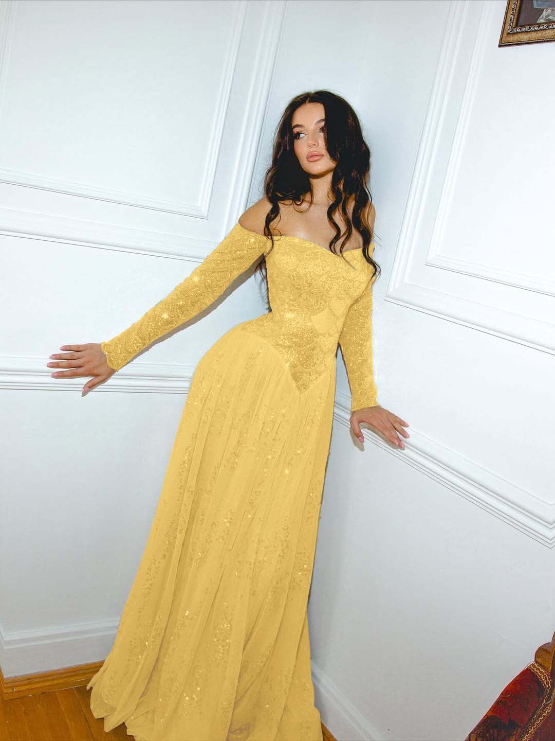 Strapless Long Sleeves Long A-Line Prom Dress With Sequins