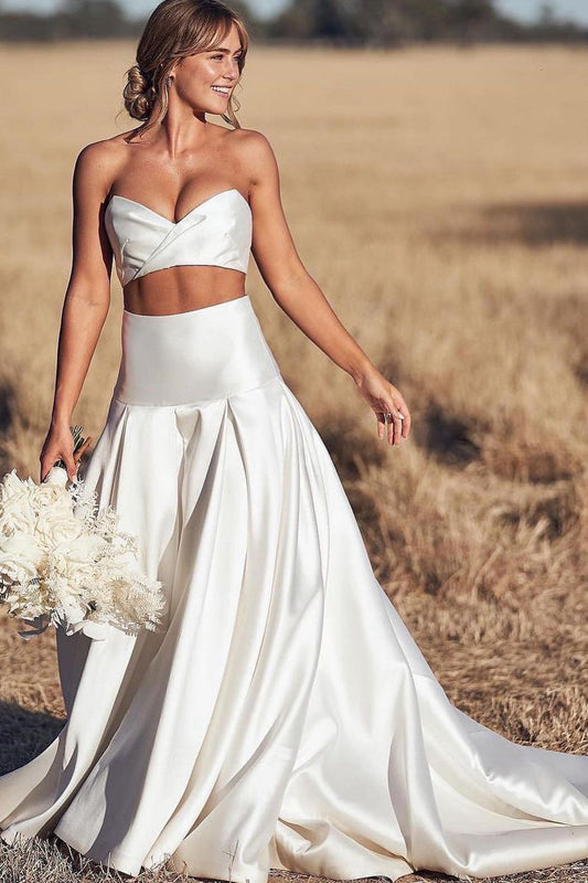Charming A Line Two Piece Sweetheart Satin Wedding Dress