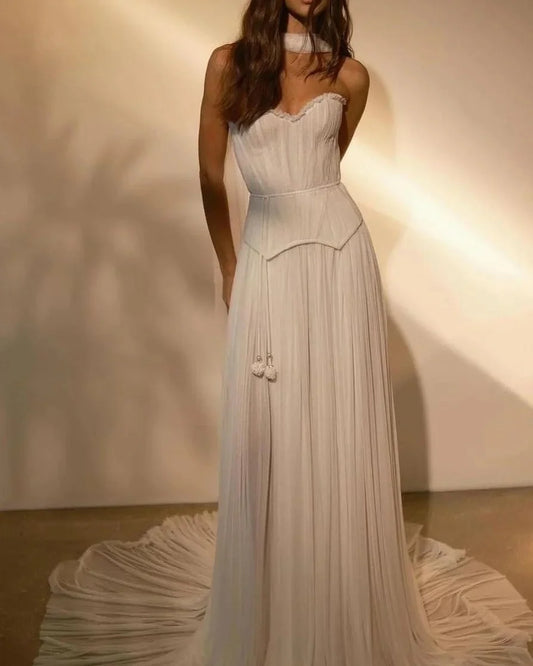 Elegant White Strapless Pleated Chiffon Prom Dress