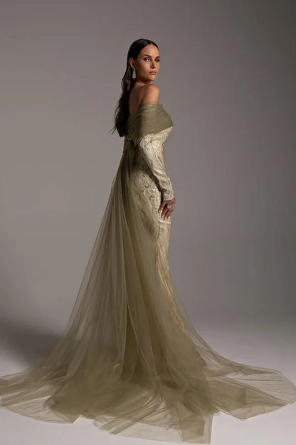 Green Tulle Strapless White Lining Long Sleeves Sheath Prom Dress