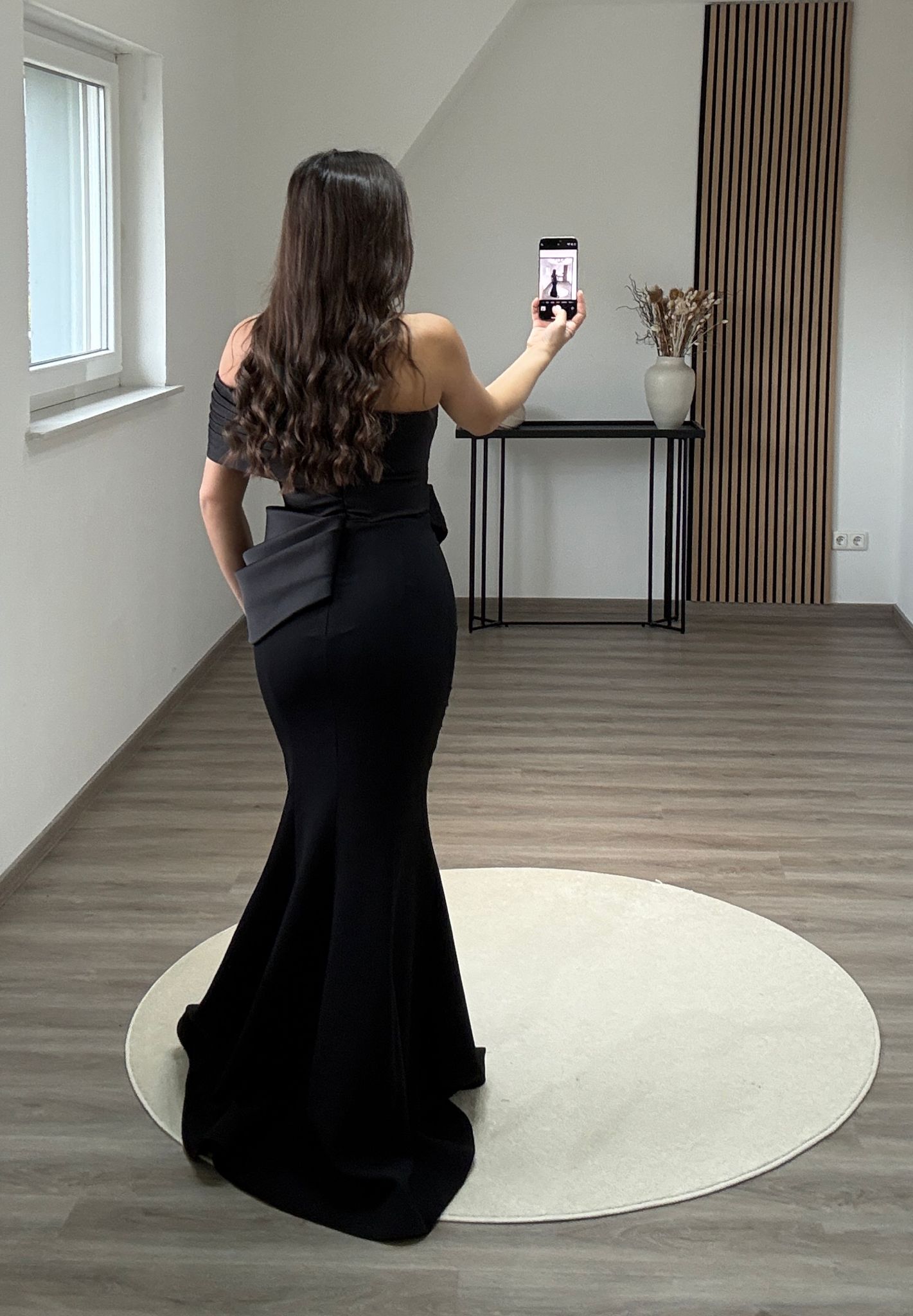 Off-Shoulder Pearls Satin Evening Dress