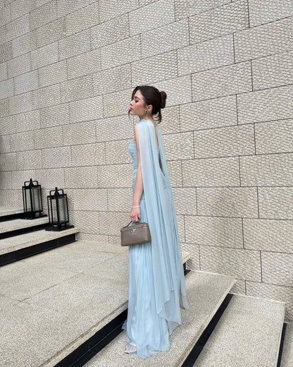 Light Blue Pleated Strapless Chiffon Elegant Prom Dress