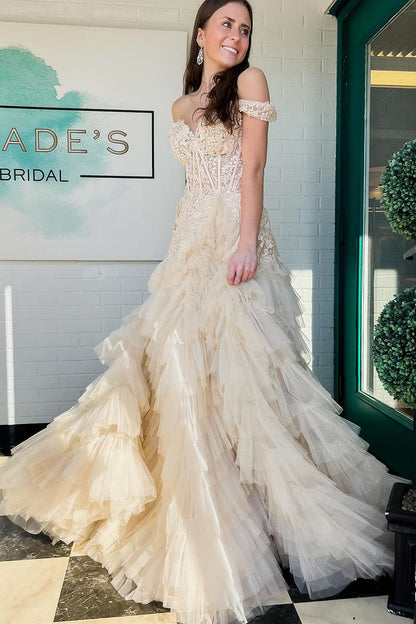A Line Off the Shoulder Champagne Tiered Tulle Long Prom Dress