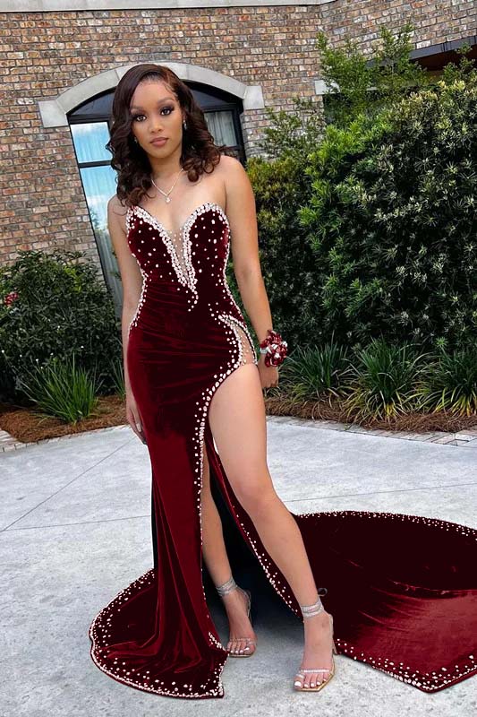 V Neck Appliques Mermaid Prom Dress High Waist Beaded With Split