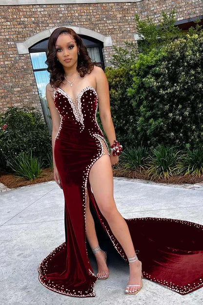 V Neck Appliques Mermaid Prom Dress High Waist Beaded With Split