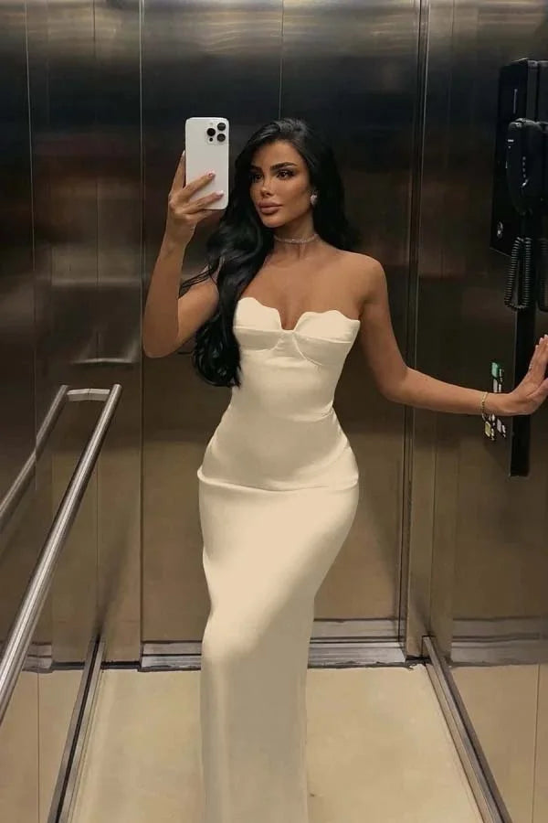 Ivory Back Slit Strapless Elegant Prom Dress