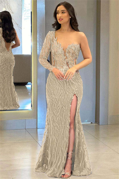 One Shoulder One Long Sleeve Backless Mermaid Split Prom Dress