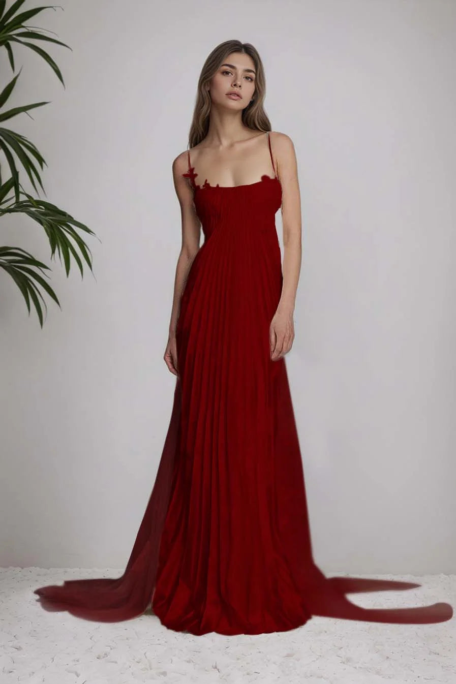 Stunning Spaghetti-Straps Pleated Sheath Appliques Prom Dress With Detachable Train